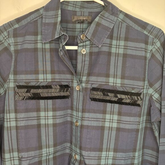 JCREW Beaded Popover Top Women 2 Green Blue Plaid Long Sleeve Flap Pocket - Picture 1 of 5